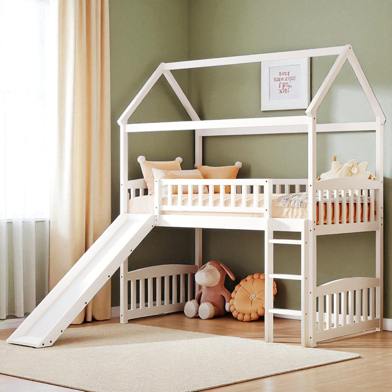 Twin Size Low Loft Bed With Slide, White