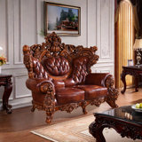 Solid Wood Oak Carved Sofa 80.71'' Leather Loveseat