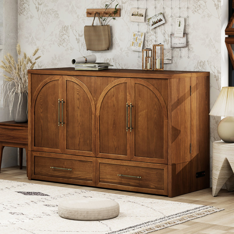 Solid Wood Queen Murphy Bed With Storage Drawer, Built-in Charging Station, Mid-century Modern Design, Brown Toffee