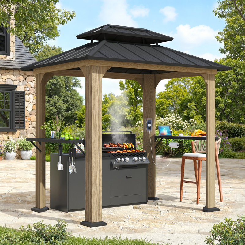 Belmont 6' X 8' Outdoor Double Galvanized Steel Hardtop BBQ Patio Grill Gazebo With Hook Accessory,Charging Socket And Bar Table Counters