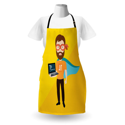 East Urban Home Nerd Apron Unisex Hero Man Holding Laptop Doodle Adult Size Earth Yellow and Multicolor