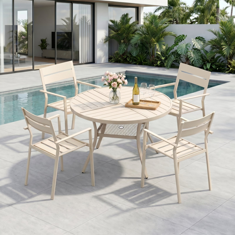 4-Person Round Patio Dining Set With Stackable Chairs, Sandshell