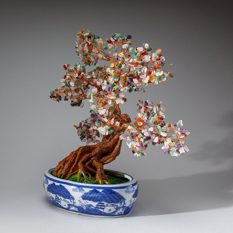 Genuine Multi Gemstone Bonsai Tree in Oval Porcelain Pot (14")