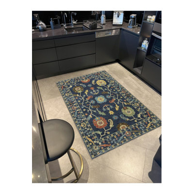 Tapis décoratif rétro à motif floral multicolore bleu marine