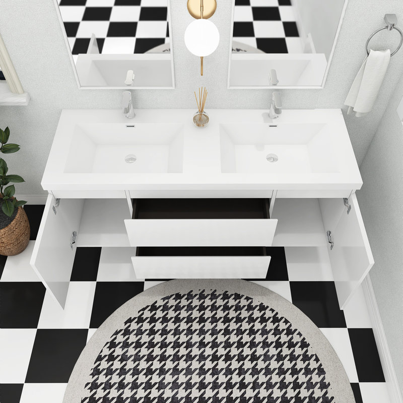 59'' Wall Mounted Double Sink Bathroom Vanity with Solid Surface Top