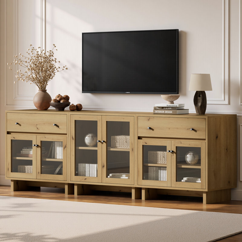Ensemble de rangement modulaire 3 pièces avec 2 tiroirs, 6 portes vitrées, tablettes réglables et fini chêne naturel.
