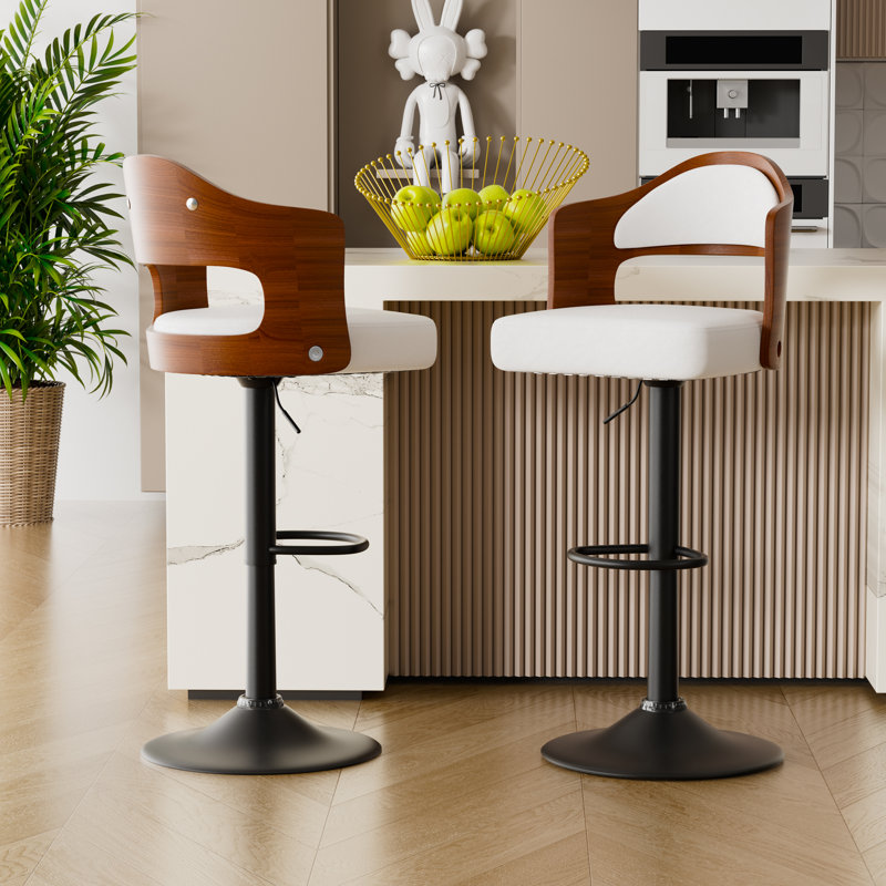 Modern White Microsuede Upholstered Metal Frame Swivel and Height Adjustable Bar Stools Set of 2, White