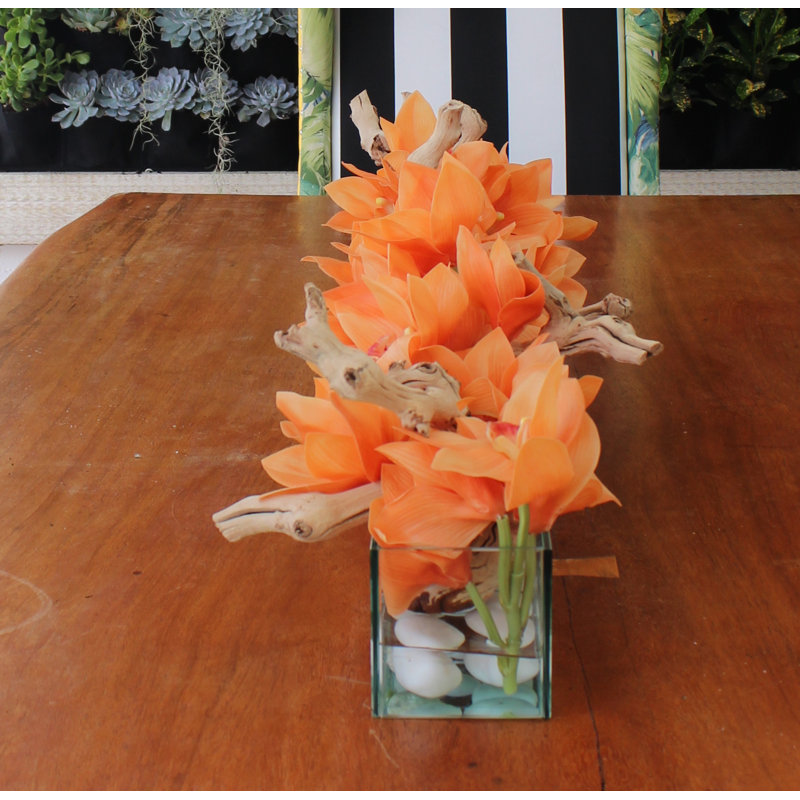 Driftwood Cymbidium Orchids Centerpiece in Glass Planter, 8" H x 24" W x 6" D, Orange