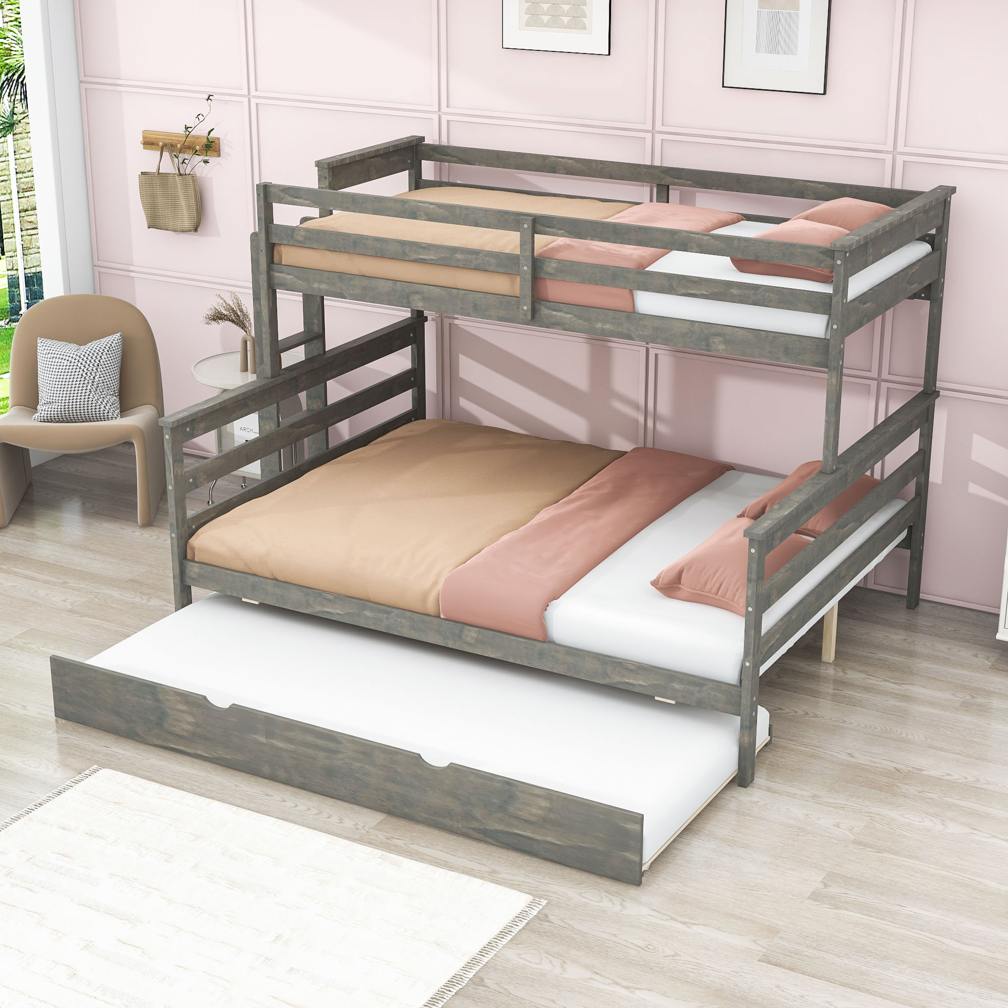 Harriet Bee Wood Bunk Bed with Trundle and Ladder - Wayfair Canada