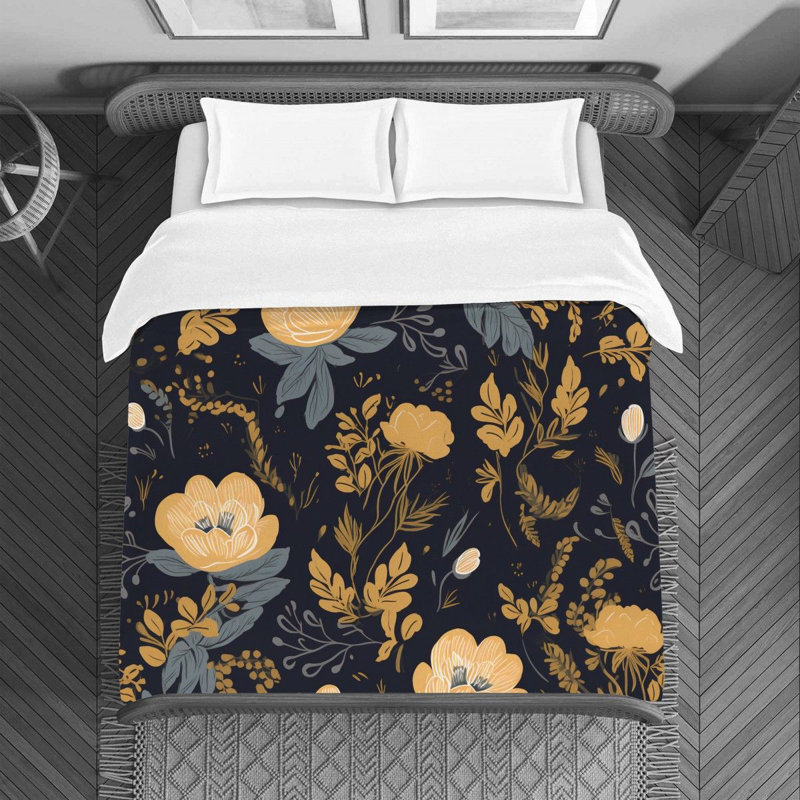 Housse de couette floral en microfibre or / bleu marine, Housse de couette pour lit simple