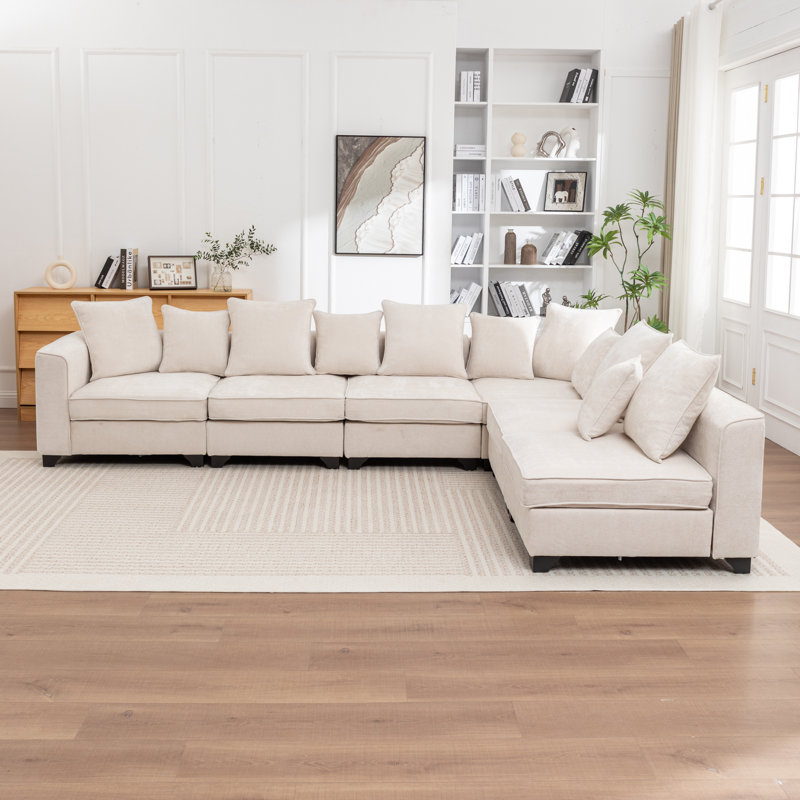 Kempson 6 - Piece Upholstered L-shaped Modular Sectional Sofa, Beige Polyester