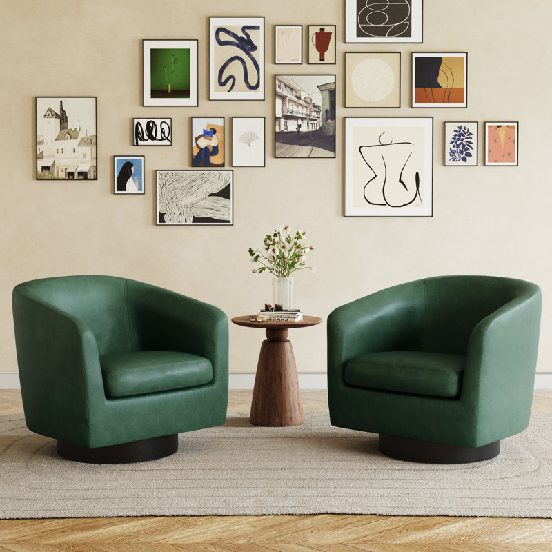 Applewold Upholstered Green Faux Leather Swivel Barrel Chair with Solid Wood Base, Green