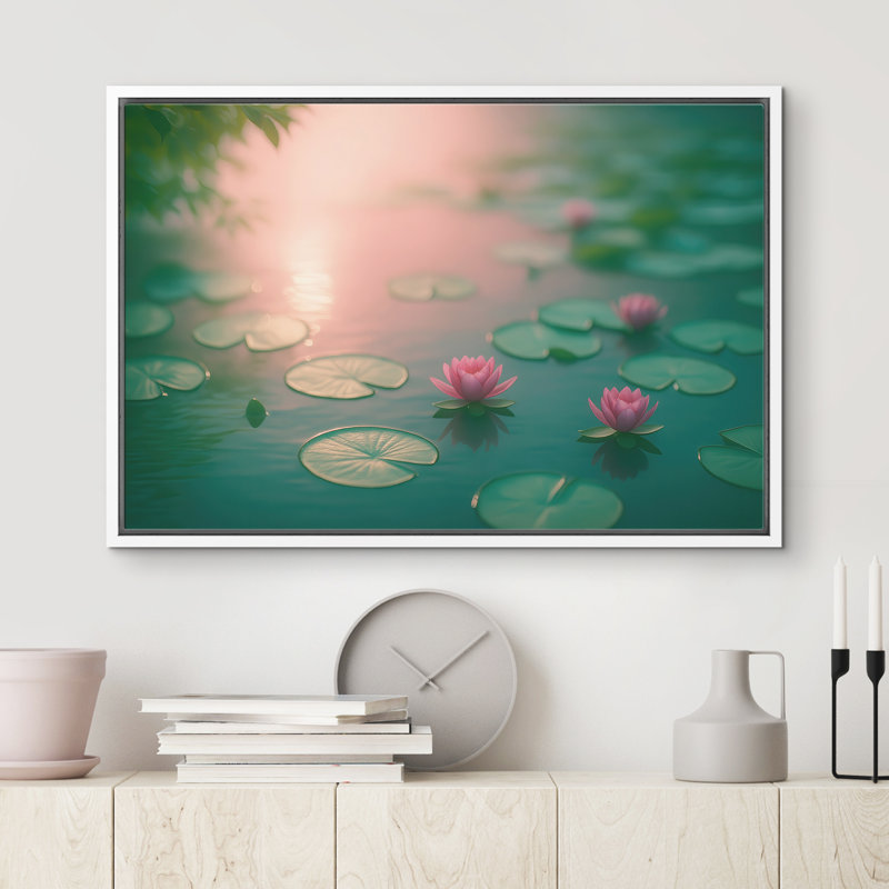 Doux étang de lotus rose au coucher du soleil, reproduction d'art sur toile encadrée dans la chambre principale, Blanc