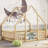 Organic Natural Full Size Solid Pine House-Shaped Platform Floor Bed with Protective Guardrails and Fence-129384571-129384573