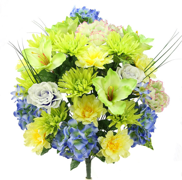 Arrangement floral 36 pivoines artificielles, Kiwi / Bleu / Jaune