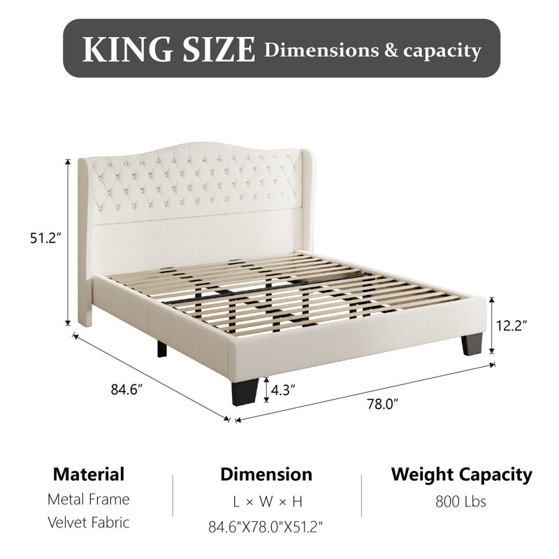 Structure de lit plateforme tapissier avec tête de lit à oreilles capitonnée, Beige, Roi