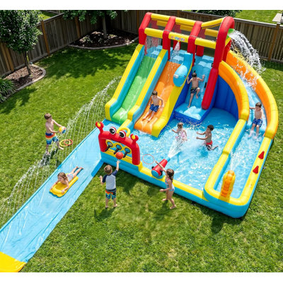 Parc aquatique gonflable triple Ocean Splash de 25,6 pi avec glissade d'eau en PVC amovible de 16,3 pi avec planches de jeu, seau à déversement, anneau de crabe et station de lancer, piscine profonde pour les enfants