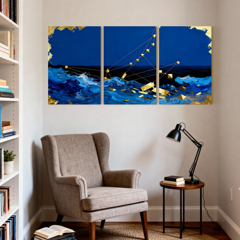 Ensemble de 3 impressions sur toile Blue Ocean Waves avec accents dorés, H 24 po x l 48 po