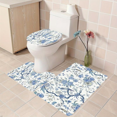 Blue Floral Pheasant Design 3 Pack Shower Bathroom Rug Kit Blue