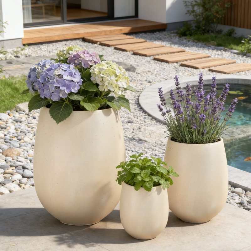 Ensemble de jardinières d'extérieur 3 tailles American Modern avec fabrication MGO résistante aux intempéries, Beige