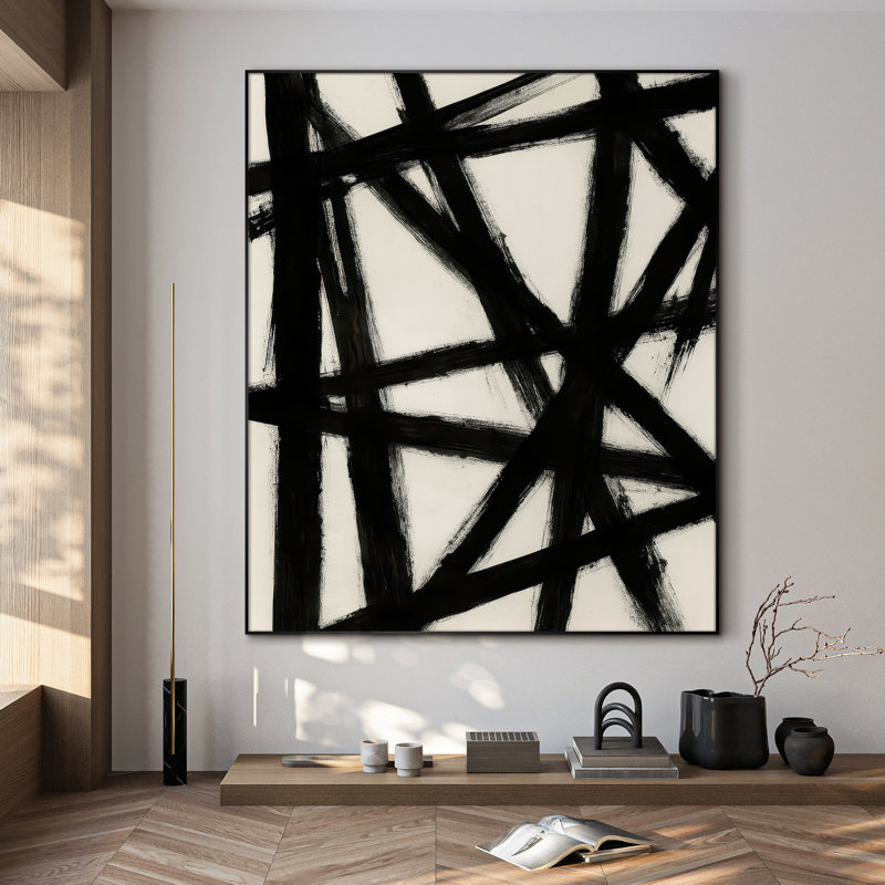 Extra Large Wall Art Fabric Print - Black & White Abstract Art Bold Pattern Contemporary Artwork Decor for Living Room or Bedroom - "Frame Assembly Required (Unfinished Frame)"
