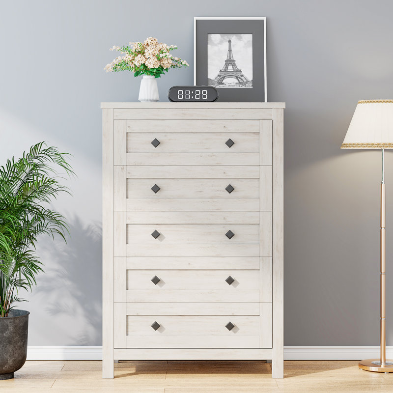 Devion Farmhouse Tall Chest of 5 Drawers Dresser, Rustic Brown