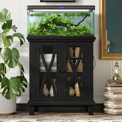 27" Wide Aquarium Stand for 20 Gallon Fish Tank with Power Outlets - Storage Cabinet with Glass Doors - Beige