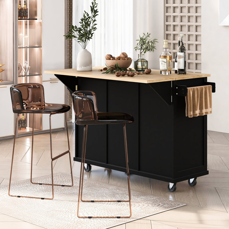 Îlot de cuisine noir avec grand plateau de table et armoires de rangement à finition réglable, Noir
