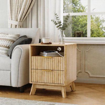 Set of 2 Nightstands with Charging Station, 18" White Fluted Bedside Table with 2 Drawers & Open Shelf, Modern Wood End Table with USB & AC Outlets, Wood