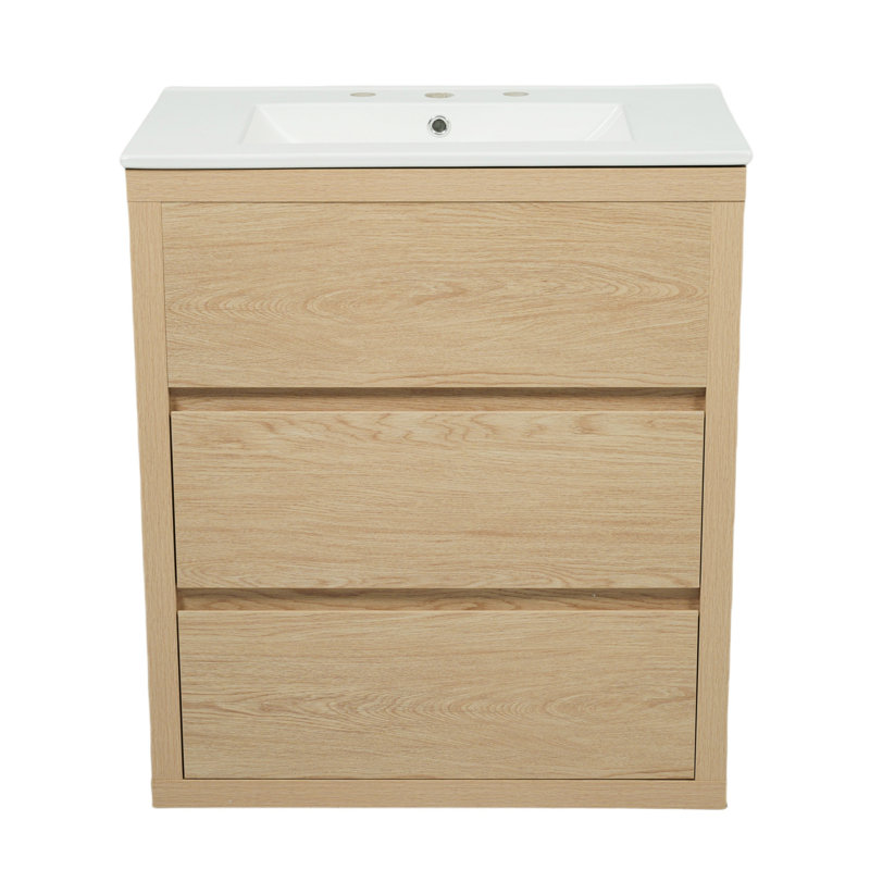 Meuble-lavabo 30 po avec lavabo en céramique et 2 tiroirs pleine extension, meuble-lavabo autoportant avec poignée libre à 45 °, glissières de tiroir à fermeture en douceur, naturel