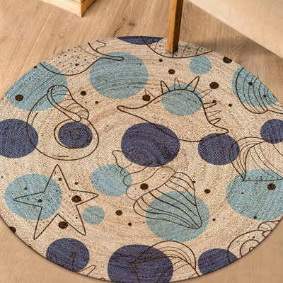 Tapis géométrique beige / bleu / mauve en jute tissé à la machine