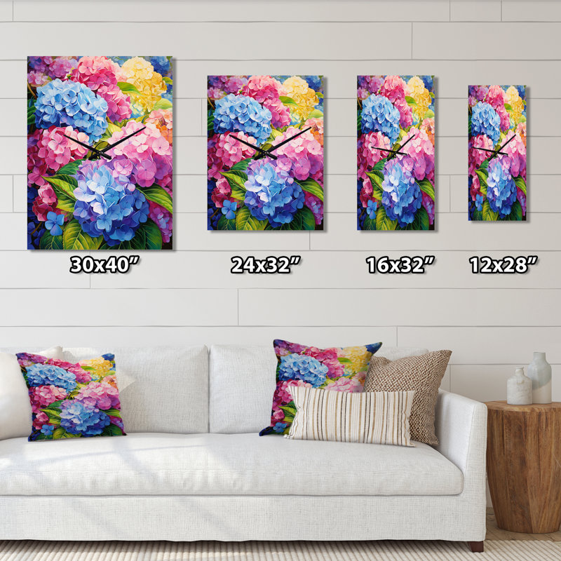 Pink Blue Hydrangea Garden Symphony - Floral Wall Clock, 28" H x 12" W x 1" D
