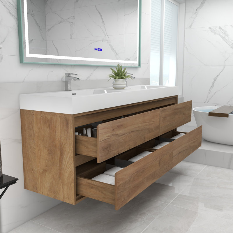 72'' Double Bathroom Vanity with Acrylic Top, White Oak