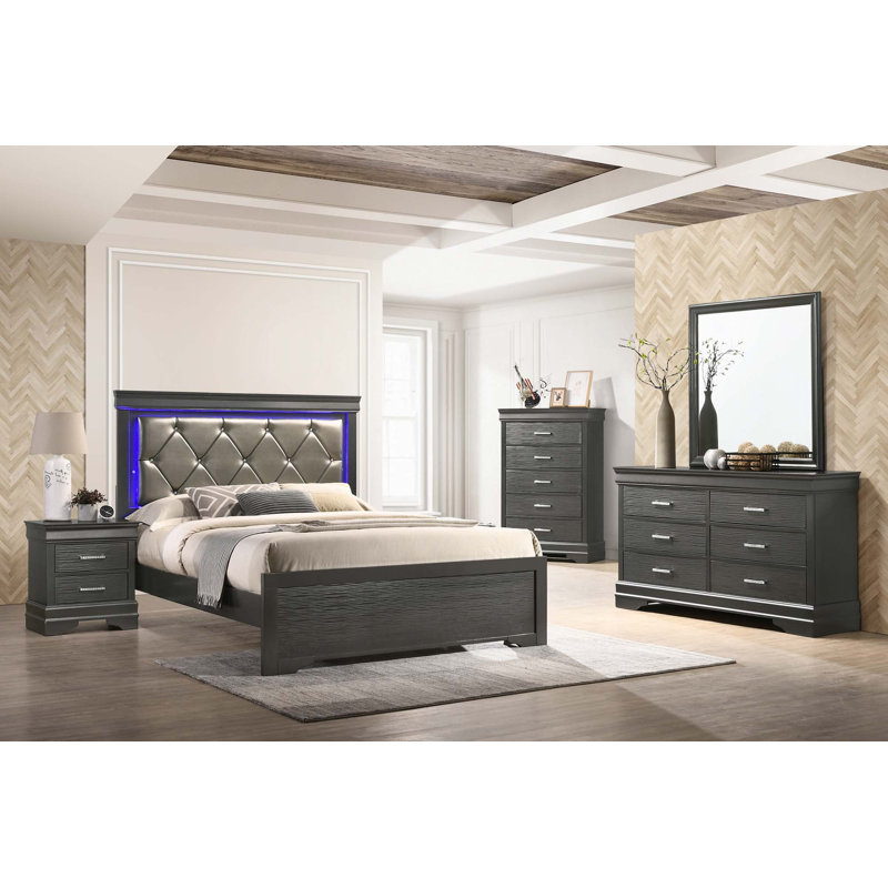 Ensemble de chambre à coucher 5 pièces à revêtement capitonné à DEL 5 pièces, Gris, Grand