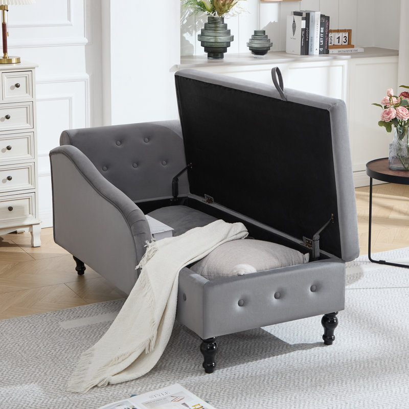 Chaise longue de rangement en velours Eastham, Gris foncé, Orienté vers la gauche