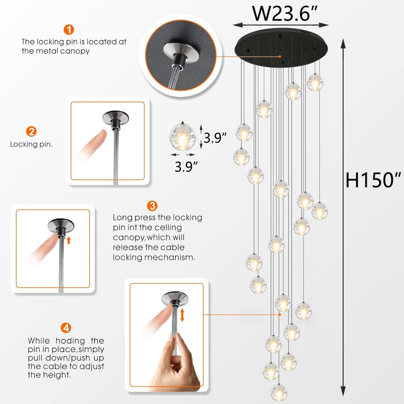 Lustre moderne 20 lumières noir cristal, Noir, 150" H X 23.6" W X 23.6" D