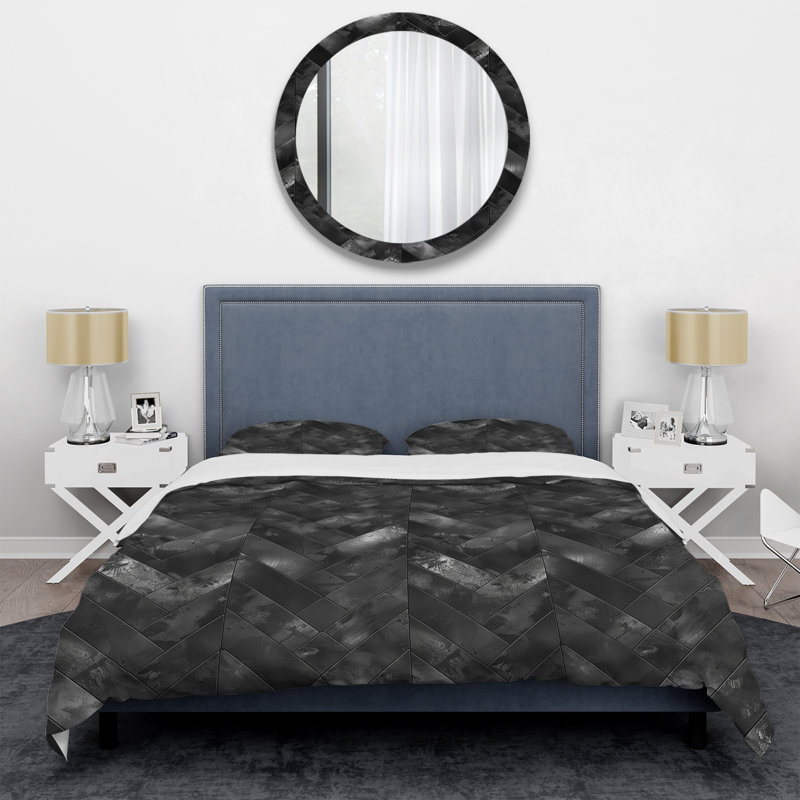 Black Grey Modern Herringbone II - Modern Duvet Cover Set, Queen Duvet Cover + 2 Standard Shams