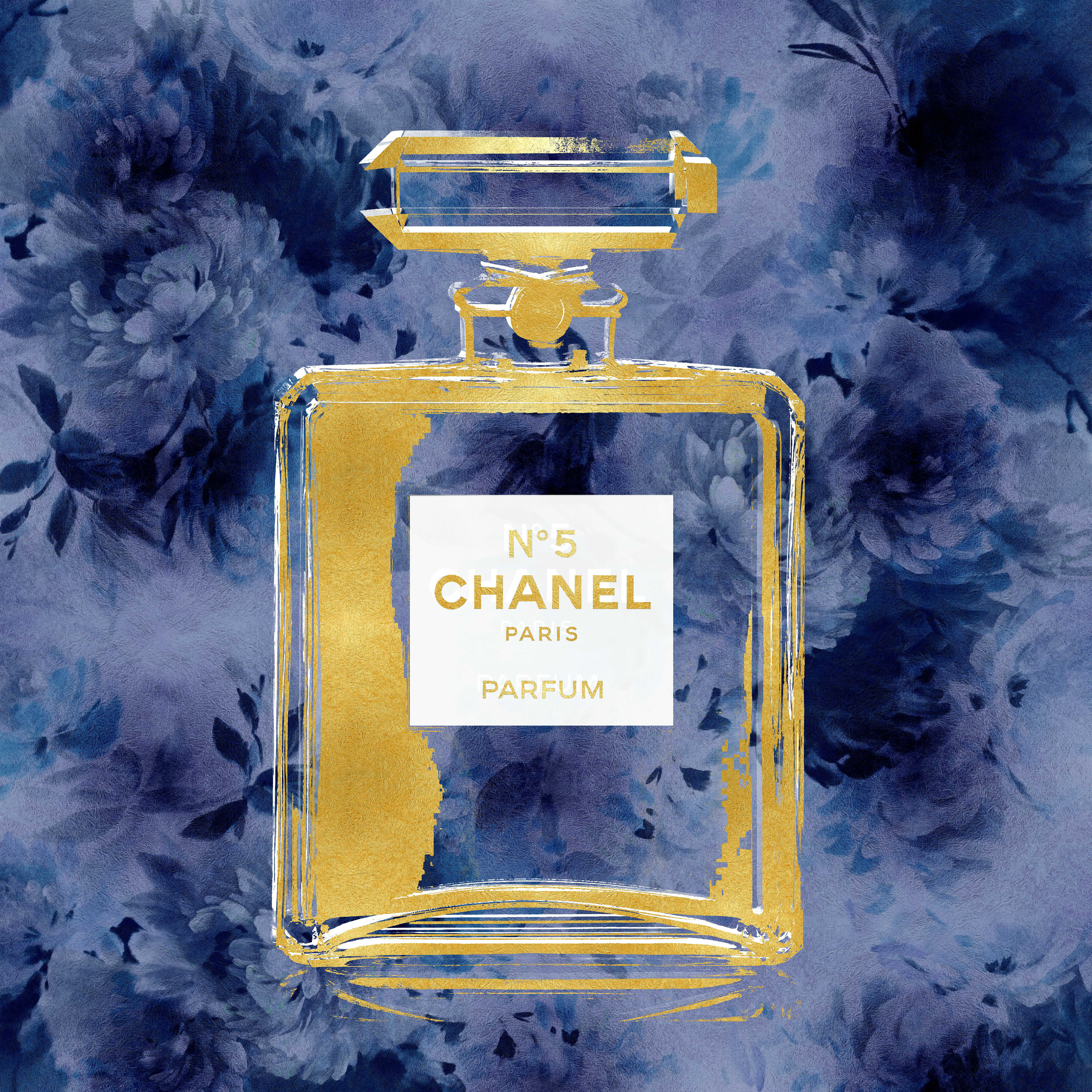 WayArt Gold Perfume On Blue Flowers On Canvas by Madeline Blake Print
