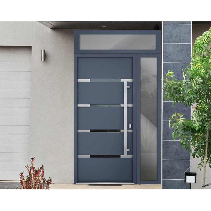 Porte avant en acier pré-suspendue à l'avant / deux graphite gris 1105 / fenêtre extérieure latérale et supérieure / inserts en acier inoxydable peints simples modernes - l 36 po x H 80 po + 16 po - Gauche