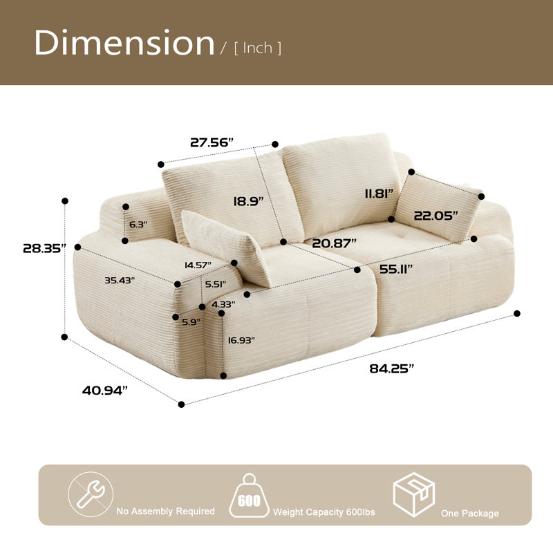 Canapé moderne modulaire compressé en mousse à mémoire de forme, grands canapés modulaires à 2 places pour le salon, canapé modulaire Cloud compatible avec les animaux de compagnie, tissu en velours côtelé