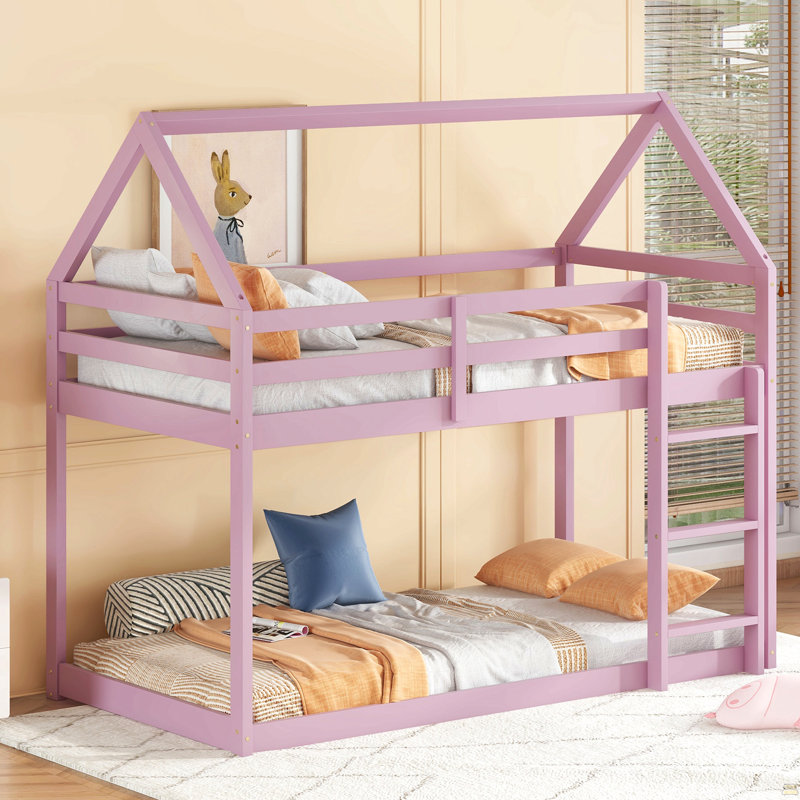 Twin Over Twin Rubber Wood Floor Bunk Bed, With Ladder,Guardrails, Pink