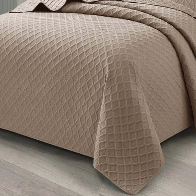 Bedspread Diamond Check Embossed Set with Pillow Shams, Textured All-Season Comfort, Single, Double, King & Super King, Mink