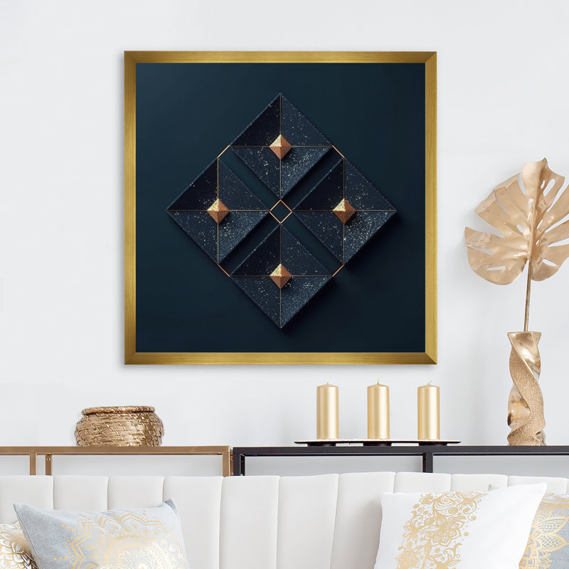 «Rhombus in Deep Blue and Gold Abstract», reproduction sur toile, H 16 po x l 16 po x P 1 po, Cadre doré à une seule photo