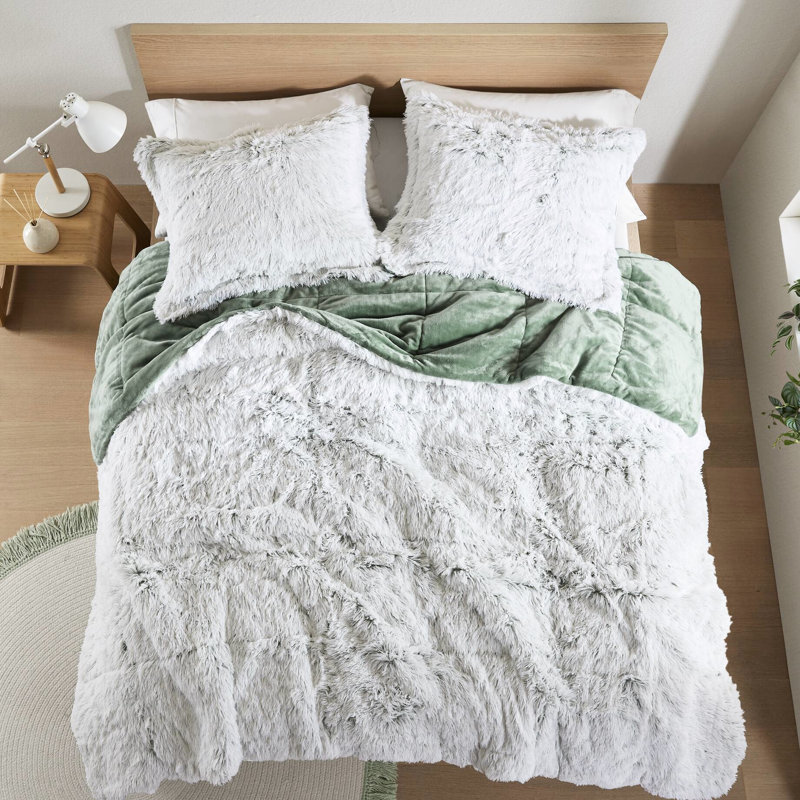 Ensemble d'édredon 3 pièces en fausse fourrure à poils longs pour lit double / grand / blanc, envers doux, - approuvé, lavable à la machine séparément et blanc