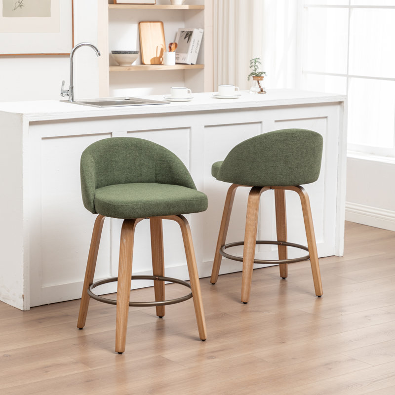 Swivel Upholstered Velvet Bar Stool with Solid Wood Frame, GREEN, Set of 2, 76.5cm