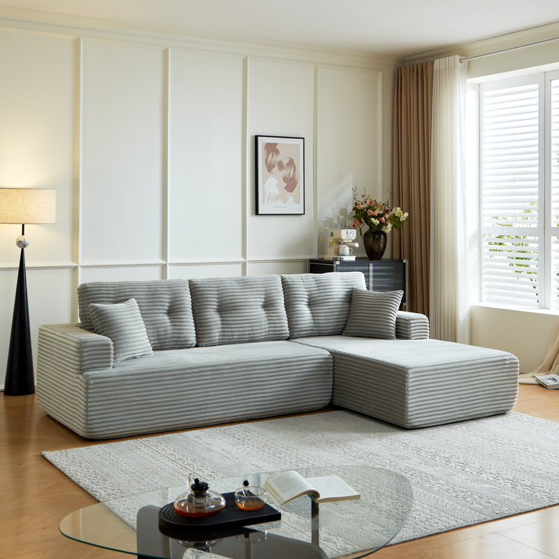 L-Shape Corduroy Sectional Sofa with Cushions, Brown Gray Corduroy, Right Hand Facing