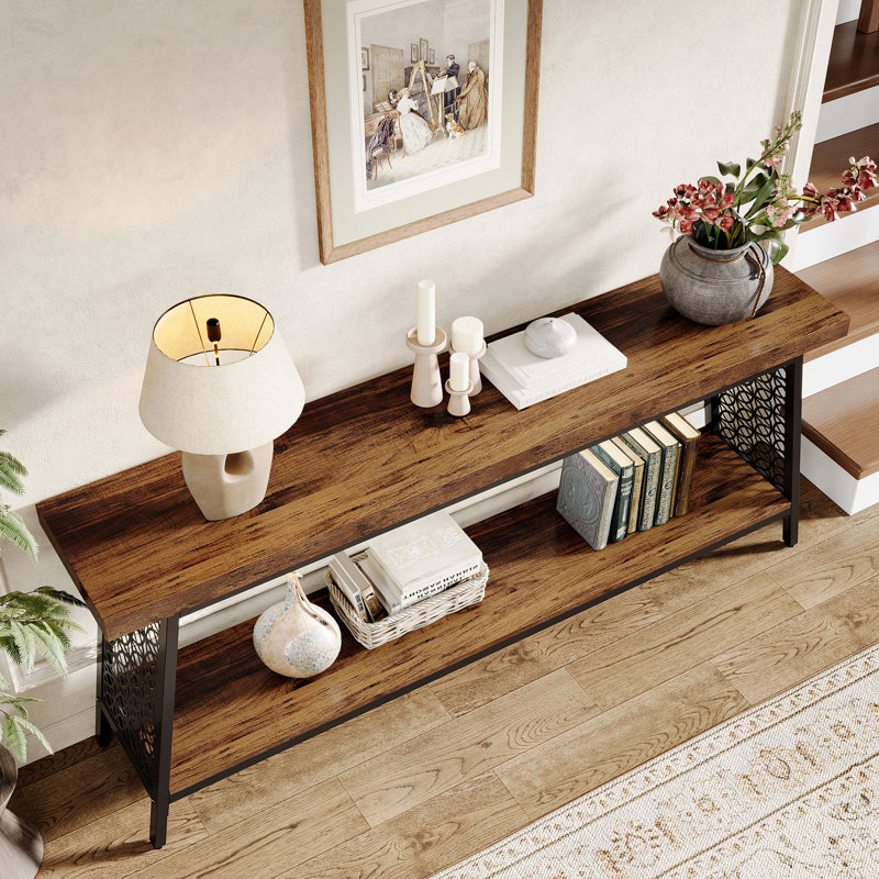 Rustic Brown and Black 70.9" Industrial Console Table with Storage Shelf