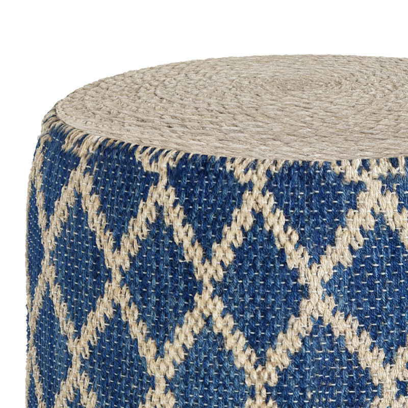 Classic Blue and Natural Woven Jute Round Pouf