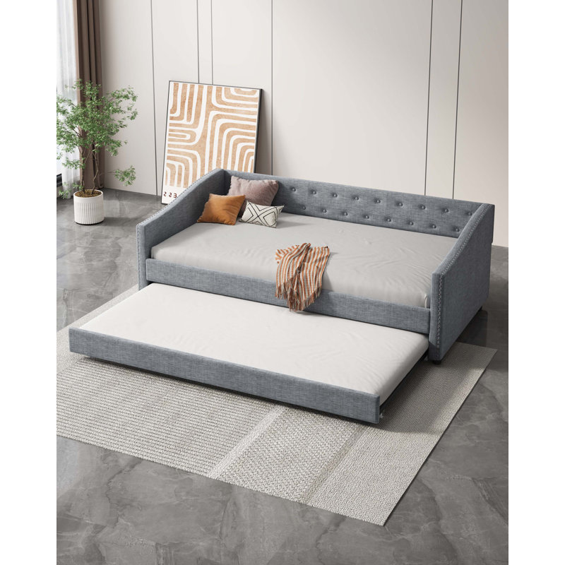 Luxurious Tufted Sofa Bed with Stylish Back Button and Wave Arms