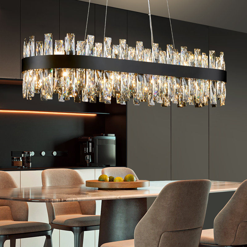 Light Dimmable Square / Rectangle Crystal Chandelier, Matte Black, 9.8" H x 35.4" W x 11.8" D